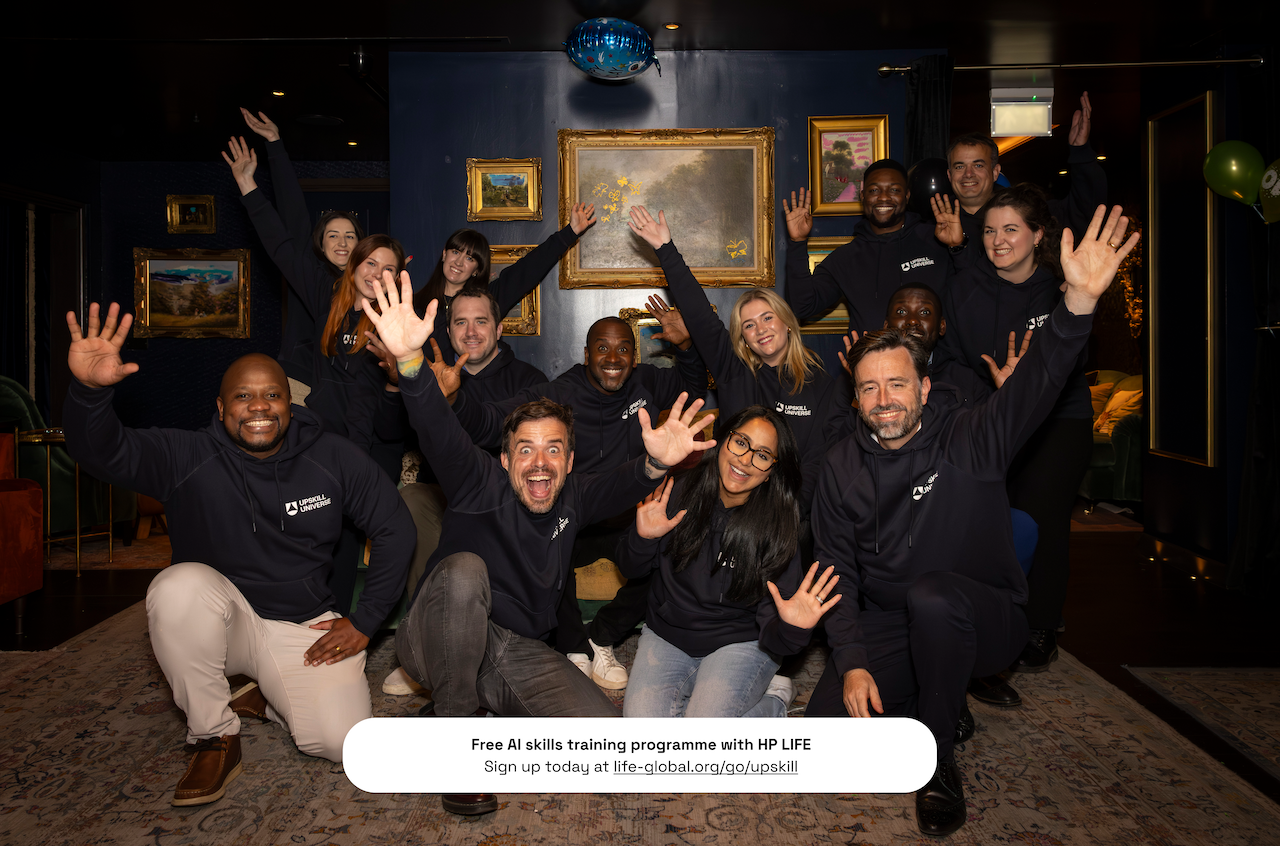 UpSkill Universe team celebrating the launch of a free AI skills training programme with HP LIFE.